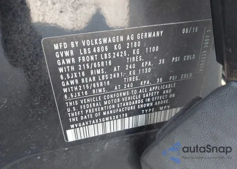 2016 Volkswagen Tiguan S z USA, uszkodzony, nr VIN WVGAV7AX3GW528175